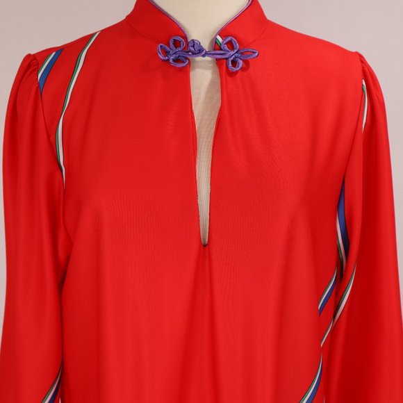 Vtg 70's Lisanne Floral Abstract Red Long Caftan Loungewear Nightgown Robe Asian - Picture 6 of 9